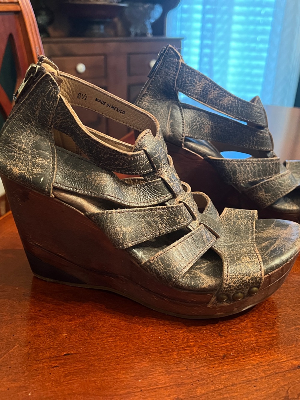 Bed Stu Distressed Dark Brown Leather Wedge Sandals